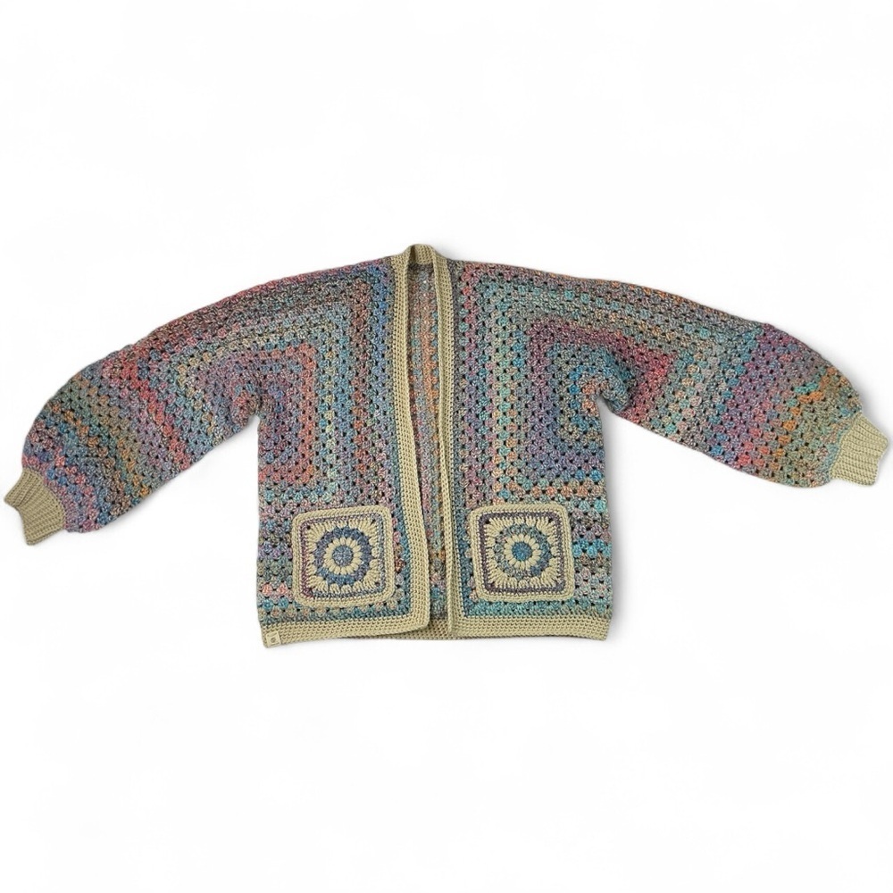 Handcrafted Crochet Hexagon Cardigan Sweater Open Front Wide Sleeve 2 Pockets - Picture 7 of 16